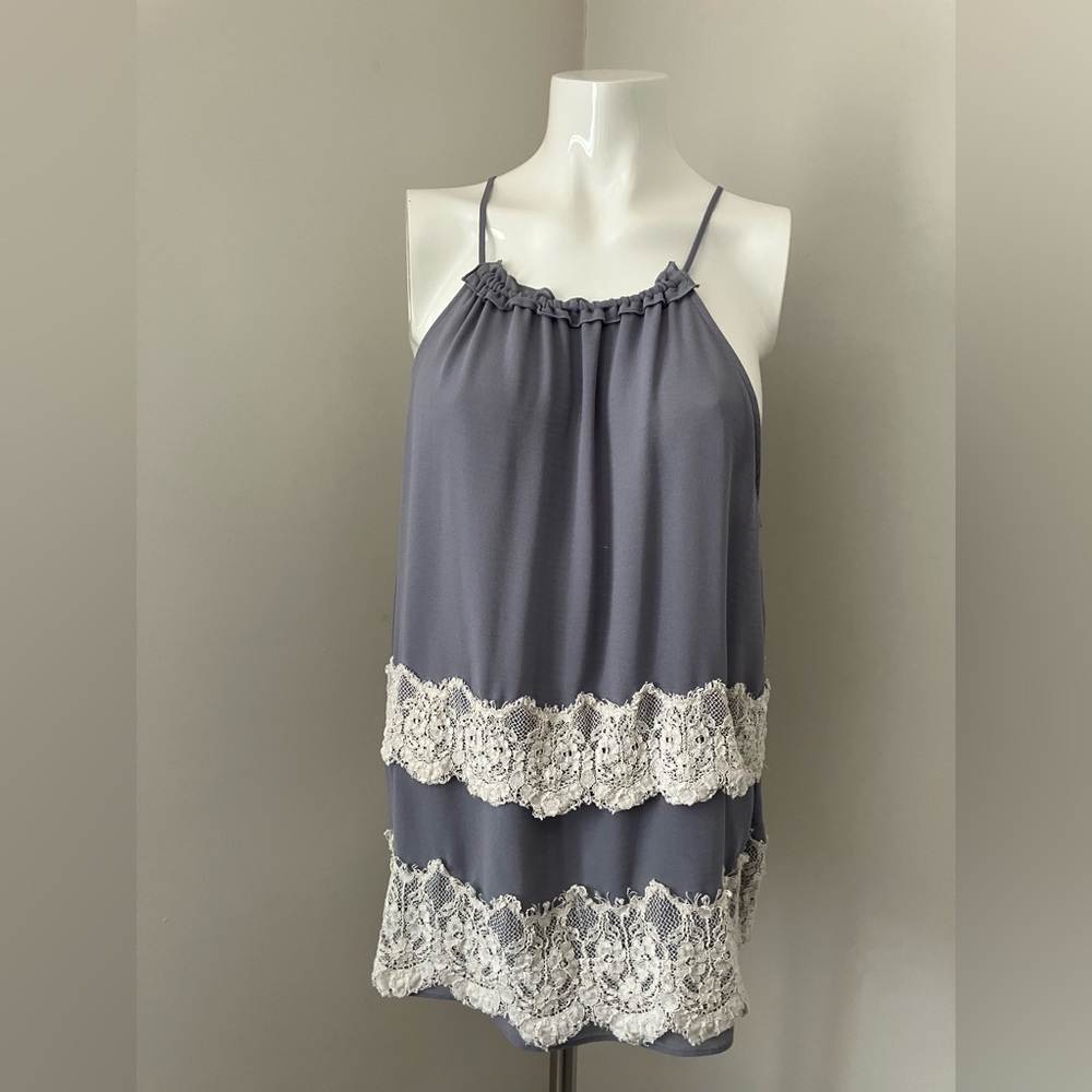 LOFT Gray Top with White Lace Detail
